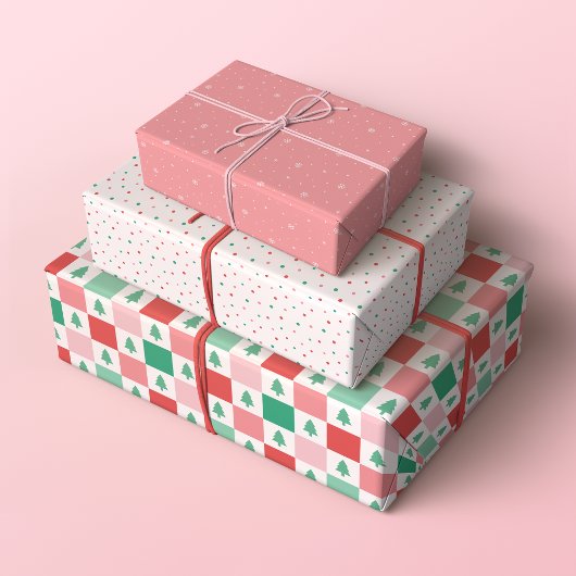 Retro Weihnachtsmuster in Rot, Rosa und Grün Geschenkpapier Set