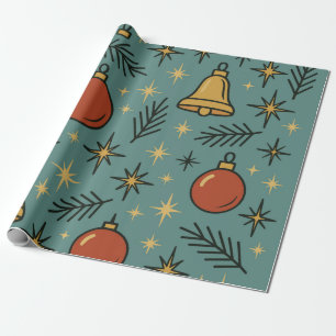 Retro-Weihnachtsornamente Glocken- und Sternenmust Geschenkpapier