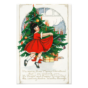 Retro-Weihnachtspostkarte, Kind und Weihnachtsbaum Fotodruck