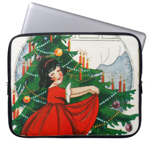 Retro-Weihnachtspostkarte, Kind und Weihnachtsbaum Laptopschutzhülle