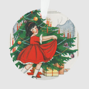 Retro-Weihnachtspostkarte, Kind und Weihnachtsbaum Ornament