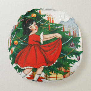 Retro-Weihnachtspostkarte, Kind und Weihnachtsbaum Rundes Kissen