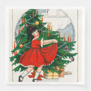 Retro-Weihnachtspostkarte, Kind und Weihnachtsbaum Serviette
