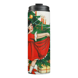 Retro-Weihnachtspostkarte, Kind und Weihnachtsbaum Thermosbecher