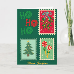 Retro-Weihnachtspostkarte – Mistelzweig, Baum & P Karte