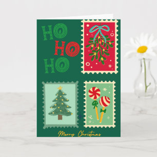 Retro-Weihnachtspostkarte – Mistelzweig, Baum & P Karte