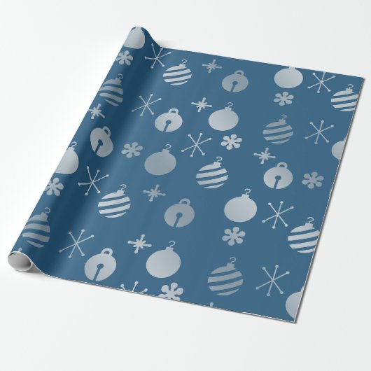 Retro Weihnachtsschmuck Blue Silver Geschenkpapier (Ungerollt)