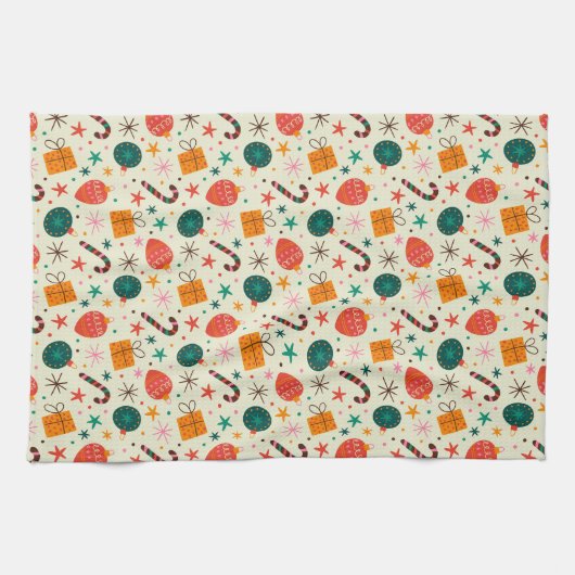 Retro Weihnachtsschmuck und Geschenkmuster Geschirrtuch (Horizontal)