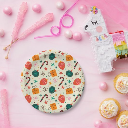 Retro Weihnachtsschmuck und Geschenkmuster Pappteller (Party)