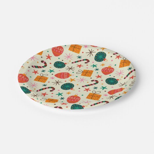 Retro Weihnachtsschmuck und Geschenkmuster Pappteller (Schrägansicht)