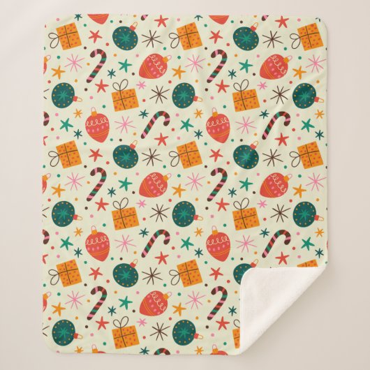 Retro Weihnachtsschmuck und Geschenkmuster Sherpadecke (Vorderseite)