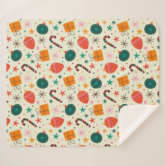 Retro Weihnachtsschmuck und Geschenkmuster Sherpadecke (Vorderseite (Horizontal))