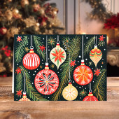 Retro Weihnachtsschmuck und Kiefernzweige Feiertagskarte