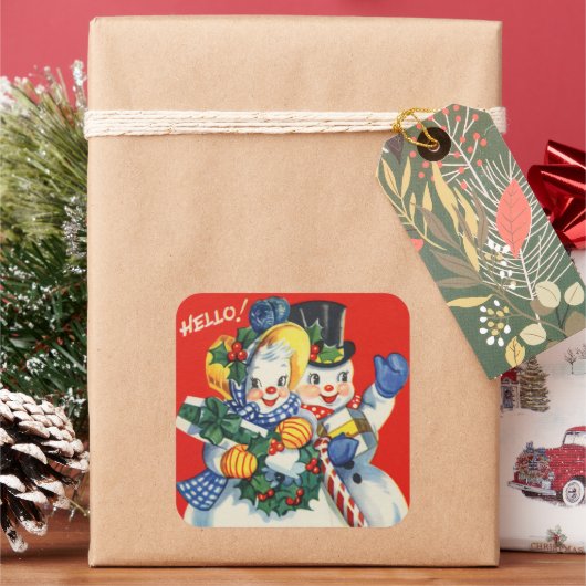 Retro-Weihnachtsschnee-Paar Holiday Quadratischer Aufkleber (Feiertag)