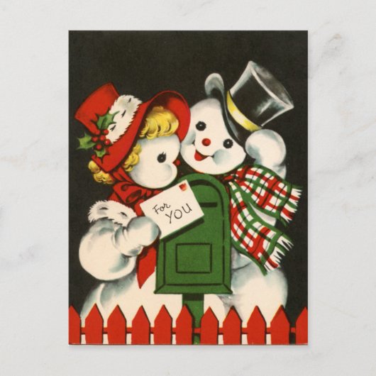 Retro Weihnachtsschnee Pärchen Postkarte (Vorderseite)