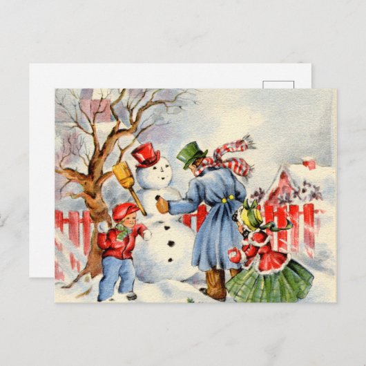 Retro-Weihnachtsschneemann-Gebäude Feiertagspostkarte (Vorne/Hinten)