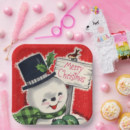 Retro Weihnachtsschneemann Weihnachtsfeier Pappteller (Party)