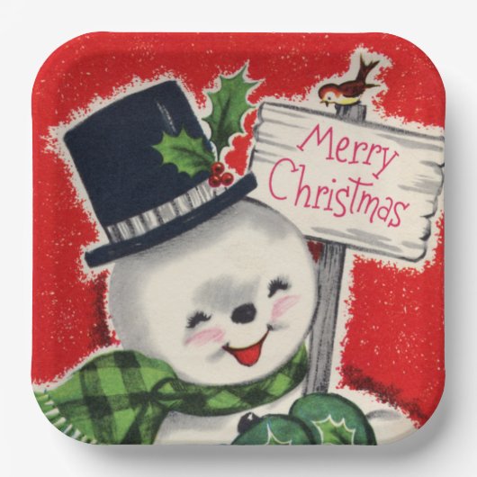 Retro Weihnachtsschneemann Weihnachtsfeier Pappteller (Vorderseite)