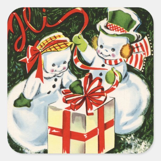 Retro-Weihnachtsschneepaar Quadratischer Aufkleber (Vorderseite)