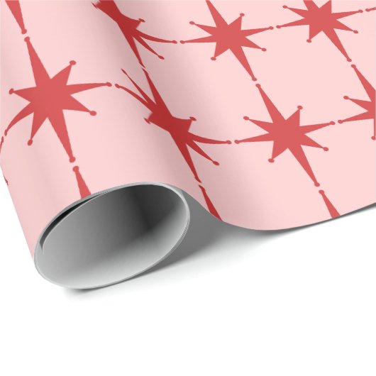 Retro Weihnachtsstars Rosa und Rotes Muster Geschenkpapier (Rolleneckpunkt)
