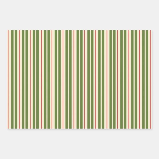 Retro Weihnachtsstreifen in Olive Green, Rot, Crem Geschenkpapier Set (Vorderseite 2)