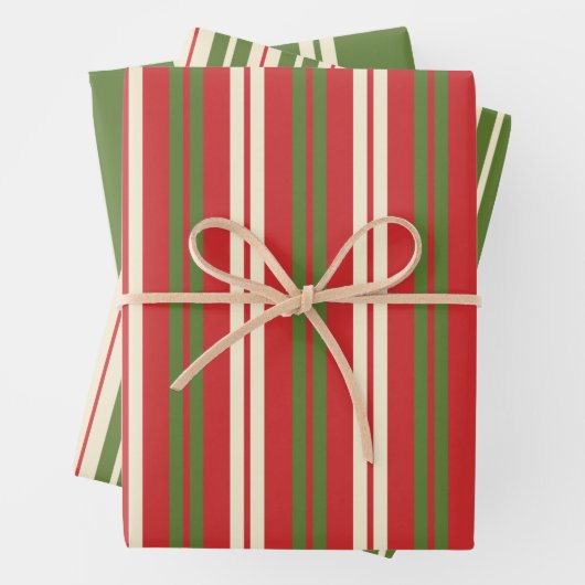 Retro Weihnachtsstreifen in Olive Green, Rot, Crem Geschenkpapier Set (Beispiel)