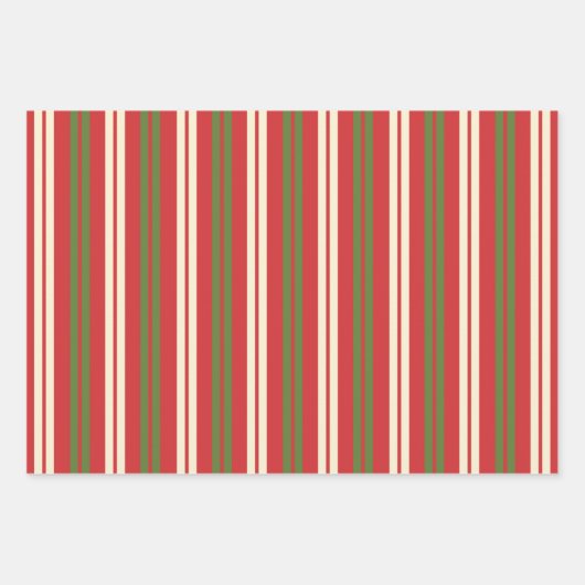 Retro Weihnachtsstreifen in Olive Green, Rot, Crem Geschenkpapier Set (Vorderseite)