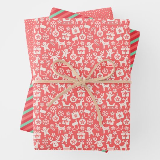 Retro Weihnachtsstreifen, Polka Dots, Rentier Geschenkpapier Set (Beispiel)