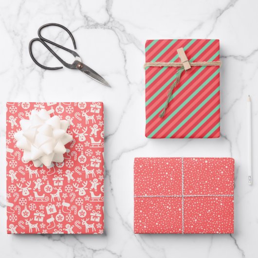Retro Weihnachtsstreifen, Polka Dots, Rentier Geschenkpapier Set (Vorderseite)