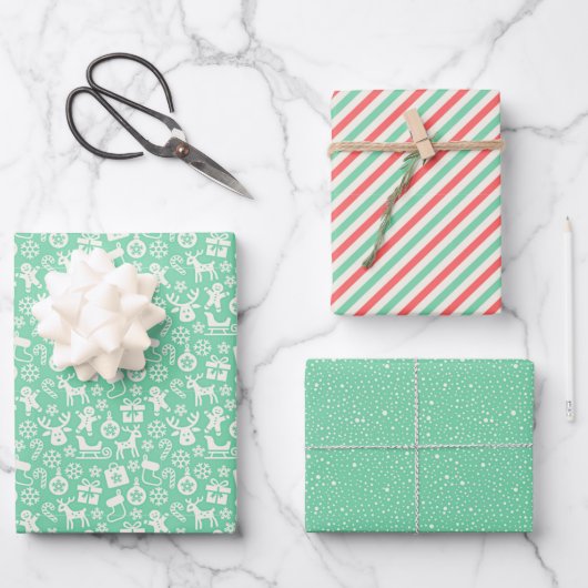 Retro Weihnachtsstreifen, Polka Dots, Rentier Geschenkpapier Set (Vorderseite)