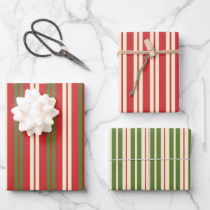 Retro Weihnachtsstreifen Rote Creme Geschenkpapier Set
