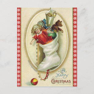 Retro-Weihnachtsstrumpf mit Spielzeug Feiertagspostkarte