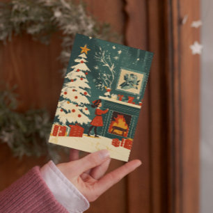 Retro-Weihnachtsszene Kamin Kind Feiertagskarte