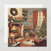 Retro Weihnachtswohnzimmer mit Weihnachtsbaum Feiertagskarte (Vorne/Hinten)