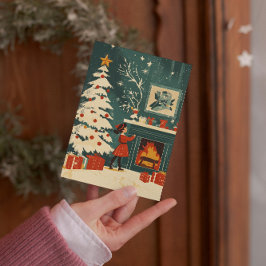 Retro Weihnachtszene Feuerplatz Kid Feiertagskarte