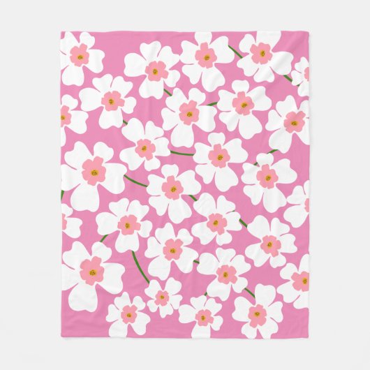 Retro Weiß und Rosa Blume Ästhetisches Muster Fleecedecke (Vorderseite)