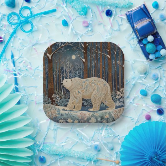 Retro-Weißbär boho Winterwald Pappteller (Party)