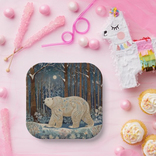 Retro-Weißbär boho Winterwald Pappteller (Party)