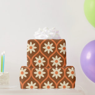 Retro Weiße Blume auf braunem Vintagem Ogee Geschenkpapier