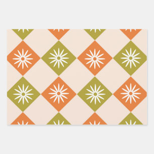 Retro weiße Blumen auf orange-grünen Diamanten Geschenkpapier Set