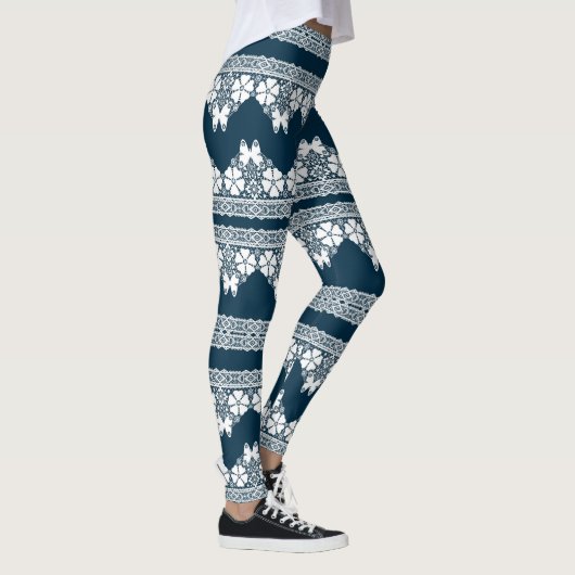 Retro-weiße Spitze mit Schmetterlingen auf dunkelb Leggings (Rechts)