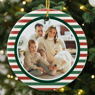 Retro Weiße Streifen Familienfoto Frohe Weihnachte Keramik Ornament