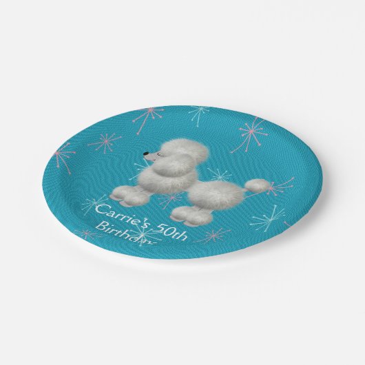 Retro weißer Pudel-kundenspezifischer Pappteller (Schrägansicht)