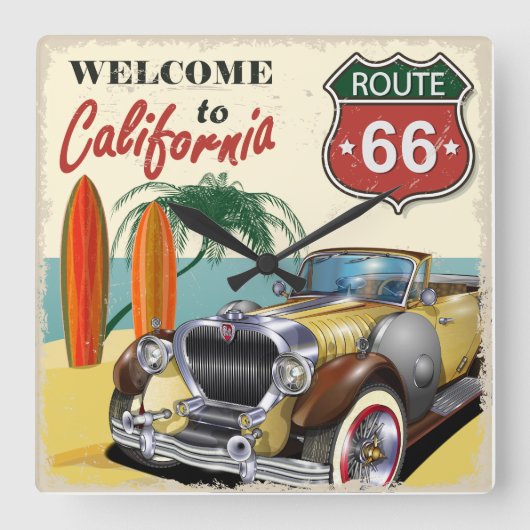 Retro "Welcome to California" Route 66 poster, Quadratische Wanduhr (Vorderseite)