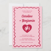 Retro-Welliges Rahmen Rot Rosa Cupid Herz Hochzeit Einladung (Vorderseite)