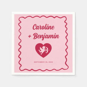 Retro-Welliges Rahmen-Rot-Rosa-Cupid-Herz-Hochzeit Serviette