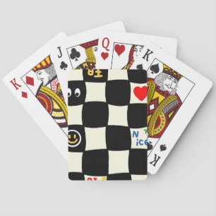 Retro-Welliges Schachbrettmuster mit Doodle-Icons Spielkarten