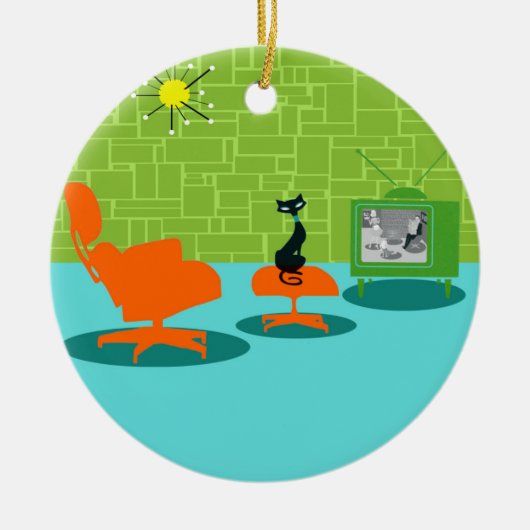 Retro Weltraum-Kitty-Weihnachtsschmuck Keramikornament (Vorne)