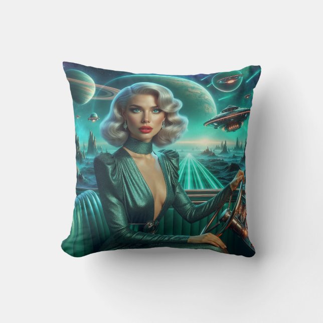 Retro Weltraum Mädchen Kissen (Vorderseite)