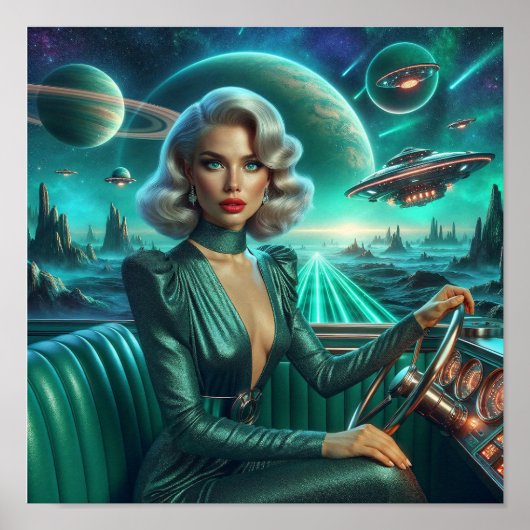 Retro Weltraum Mädchen Poster (Vorne)